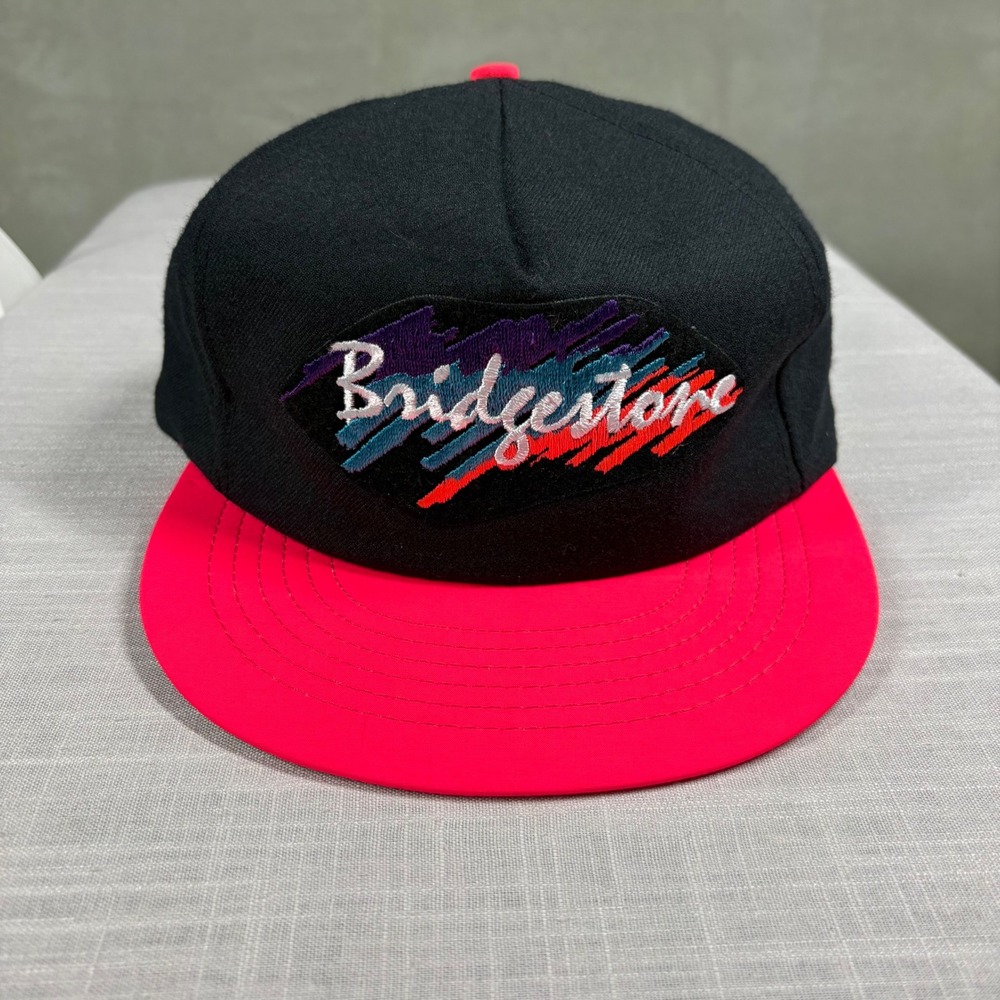 Vintage Bridgestone Snapback Hat 90s Swingster Black Neon Pink Made in USA Cap